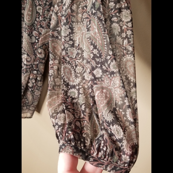 Bohemian black paisley print long sleeve tiered chiffon v-neck mini ruffle dress - Picture 6 of 8